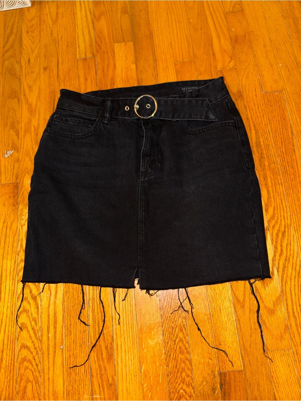 AllSaints Black Denim Mini Skirt with Ring Detail